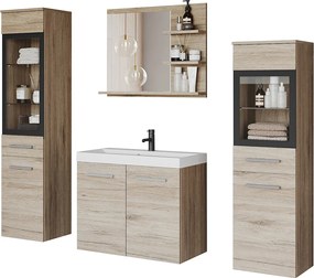 Komplet łazienkowy, wiszące meble z umywalką, 2 słupki i lustro z półkami, san remo mat