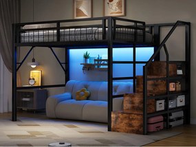 Łóżko na antresoli 140 x 200 cm - Konstrukcja stalowa - Oświetlenie LED - Drabina - Czarny​ (materac nie jest wliczony w cenę)