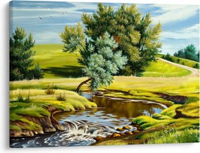 Obraz - rzeka między łąkami, obraz olejny (70x50 cm)