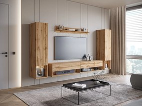 Nowoczesna meblościanka z LED – zestaw wiszący do salonu 2 słupki + szafka RTV 180 cm + półka, dąb wotan