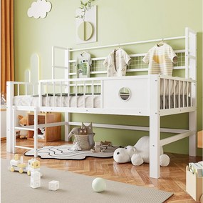 Łóżko dziecięce niskie piętrowe - 90 x 200 cm - z metalową ramą i schowkami - białe