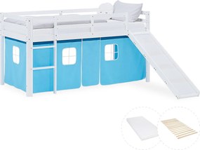 Łóżko piętrowe dla dzieci 90x200 cm białe z niebieską zasłoną