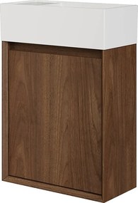 Wisząca szafka z umywalką do łazienki, umywalka z żywicy w kolorze białym mat – Ciemny naturalny – 40 x 25,5 x 57 cm – SOREL