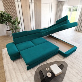 Masseno Narożnik AVISE z funkcją spania i pojemnikiem na pościel Narozniki L, Rozkładana sofa - Lazurowy, MATT VELVET 77