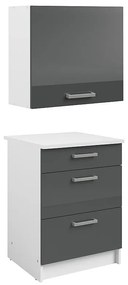 Szafki kuchenne - 1 szafka dolna + 1 szafka górna - 3 szuflady i 1 drzwi - Błyszczący szary i biały - TRATTORIA