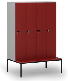 Drewniana szafa ubraniowa z ławką, 4-drzwiowa, 1871 x 1200 x 500/800 mm, demontaż, zamek mechaniczny z kodem, szary/czerwony