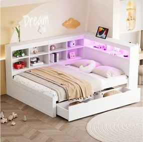 Łóżko dla dorosłych 140 x 200 cm – z zagłówkiem ze schowkiem i szufladami – białe