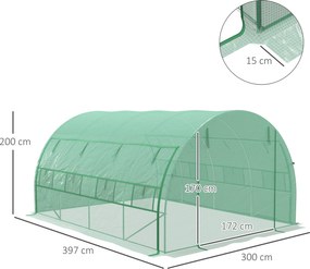 Outsunny Szklarnia foliowa, Szklarnia, przechodnia, Okno siatki, Rama metalowa, 4x3x2m, Zielony