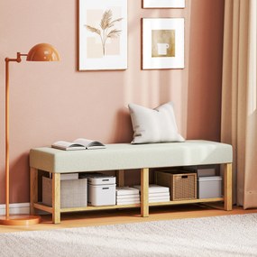HOMCOM 140 cm Ławka na buty z drewna litego, nowoczesna ławka do przedpokoju z tapicerowanym siedziskiem dla dwóch osób, naturalne drewno i kremowy kolor | Aosom PL