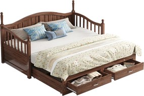 Rozkładana sofa z litego drewna 90/180x200 cm z kolumnami rzymskimi i 2 szufladami - Brązowa