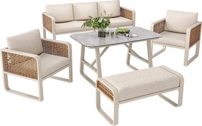 Salon ogrodowy, zestaw mebli z rattanu PE na 6-7 osób - Kanapa 3-osobowa - z żelaza ocynkowanego - 2 fotele - stół w stylu marmuru, Beżowy