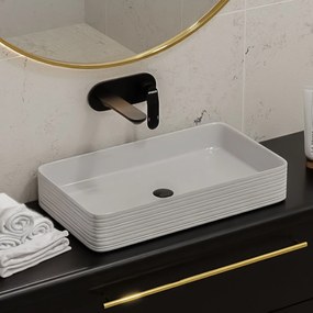 Umywalka ceramiczna nablatowa prostokątna ryflowana biała 67 x 38 cm LAMI