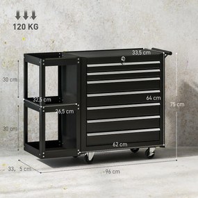 HOMCOM Wózek warsztatowy z 7 szufladami odczepiana półka boczna 4 kółka z hamulcem, 96x33,5x75cm, czarny | Aosom PL
