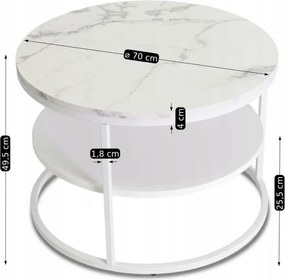 Stolik Kawowy z Półką BEST 70 cm Biały Marmur/Biały Nowoczesny