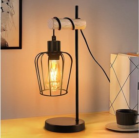 NETTLIFE lampa stołowa do salonu, vintage, drewniana lampa stołowa: czarna lampka nocna, 1 żarówka, industrialny design, metalowa, z gniazdem E27, bez żarówki