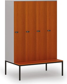 Drewniana szafa ubraniowa S4 z ławką, 4-drzwiowa, 1871 x 1200 x 500/800 mm, demontaż, zamek mechaniczny z kodem, szary/czereśnia