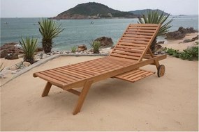 Leżak ogrodowy RAUHA z eukaliptusa w kolorze brązowym z regulowanym oparciem i zdejmowanym stolikiem, styl nowoczesny