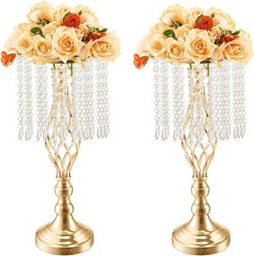 Wazon SucceBuy Zestaw 12 49 cm Kryształowych Wazonów, Złoty, Kwiatowy, na Ślub, Ceremonię, Metal/Złoto