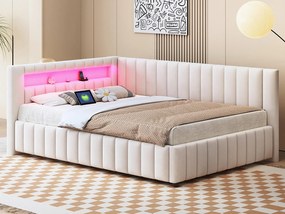 Łóżko tapicerowane welurowe - 140x200cm - z oświetleniem LED i gniazdem USB - Beżowe (materac nie jest w zestawie)