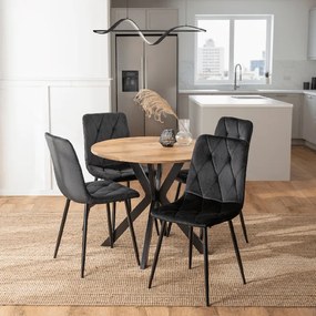 Zestaw Stół Okrągły LAUREN 90 cm Dąb Złoty/Czarny i 4 Krzesła ROBIN Czarne