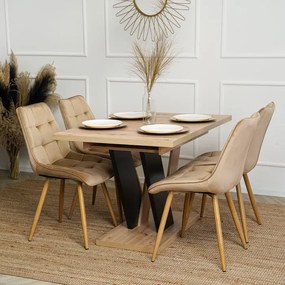 Zestaw Stół Prostokątny Rozkładany CLARK 120-160 cm Dąb Artisan/Czarny i 4 Krzesła Tapicerowane do Salonu RODRI Beżowe