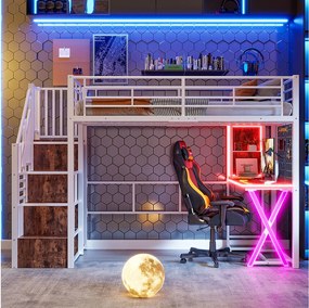 Łóżko górskie 90 x 200 cm - z oświetleniem LED i półkami - białe - bez materaca