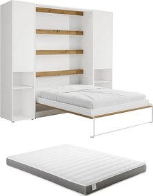 Łóżko chowane w szafie pionowe 140 x 200 cm - 2 kolumny do przechowywania - Z oświetleniem LED - Białe i naturalne + Materac - RAPILI