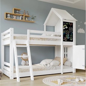 Łóżko piętrowe 90 x 200 cm - z małymi drzwiczkami i tablicą, schodami i daszkiem - białe - bez materaca