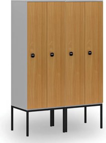 Drewniana szafa ubraniowa S4 z podstawą, 2-drzwiowa, 1871 x 600 x 500 mm, demontaż, zamek RFID, szary/czereśnia