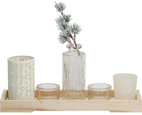 Zestaw świeczników na drewnianej tacy Winter Time, 6 szt., 10,5 x 32,5 cm