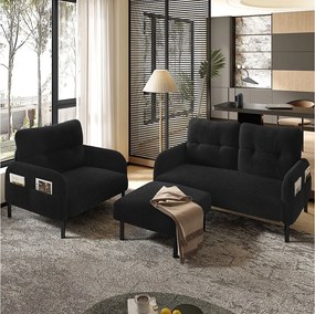 Zestaw wypoczynkowy 3-osobowy - 120 x 75 x 79 cm - z podnóżkiem + sofa 2-osobowa + fotel - Velvet - czarny