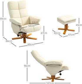 HOMCOM Fotelik relaksacyjny z pufą, oparcie uchylne do 145°, obrotowy o 360°, ekoskóra, kremowy
