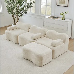 Canapé d'angle modulable en velours, avec pouf et coussin d'accoudoir, 288x167x70cm, Beige