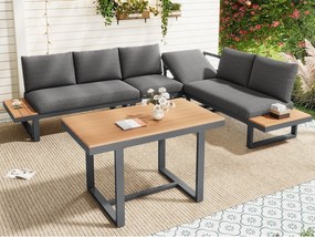 Zestaw mebli ogrodowych - 6 miejsc - ze stali ocynkowanej - narożna sofa - z jadalnią - blat z drewna plastikowego - Szary