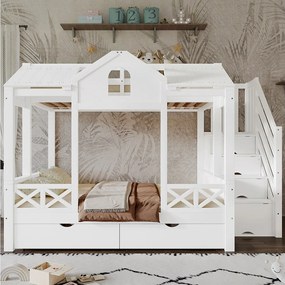 Łóżko piętrowe dla dzieci - 90 x 200 cm + 140 x 200 cm - z 2 szufladami + drabinką - sosna + MDF + sklejka - białe