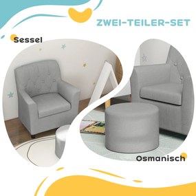 AIYAPLAY Fotel dla dzieci z pufem, oparcie w wzór w romby, miękkie siedzisko, drewniana rama, Szary