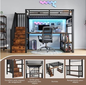 Łóżko piętrowe dla dzieci - 90 x 200 cm - rama żeliwna - z półką + diody LED + biurko + drabinka + port USB - metalowe - czarne