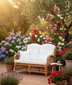 Jasnobrązowa 2-osobowa sofa rattanowa z lnianą tapicerką H3-A65