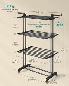 Suszarka na pranie ELTON z 4 poziomami na kółkach, 63,5x128x173cm, czarna SongmicsHome
