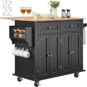 Wyspa kuchenna z szufladami, jednostka do przechowywania w kuchni, wózek na kółkach z szufladami i półkami, 90 cm, czarny