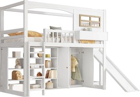 Łóżko mezzanine z drewna i MDF - 90x200 cm - z półkami, szafą i zjeżdżalnią - Białe