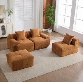 3-osobowa modułowa sofa narożna z pufą, z tkaniny, pomarańczowa