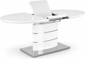 Rozkładany owalny stół Nimbus 140-180 cm w biały połysku z MDF lakierowanego ze srebrnymi detalami