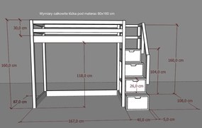 Łóżko na antresoli Marulla 117A ze schodami, barierkami i szufladkami