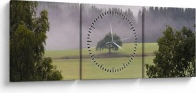 Obraz łąki z drzewem (z zegarem) (90x30 cm)