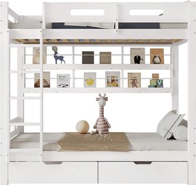 Łóżko piętrowe dla dzieci - 2 x 90 x 200 cm - z 2 szufladami + otwarta półka - sosna + MDF - biały
