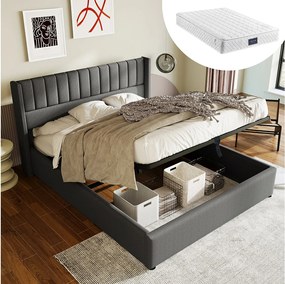 Łóżko z pojemnikiem 160x200 cm - Łóżko dla dorosłych z zagłówkiem - len szary - materac w komplecie