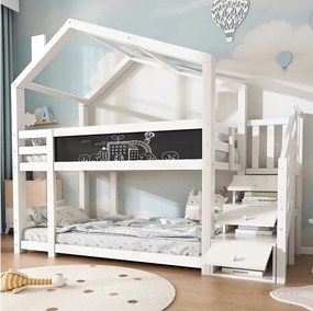 Łóżko piętrowe z pojemnikiem - 2 x 90 x 200 cm - sosna i płyta MDF - stopnie i stelaż - białe
