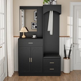 Czarny wieszak na ubrania z lustrem, 1 szufladą i 3 drzwiami – do przedpokoju i korytarza
