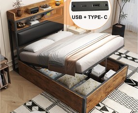Łóżko z pojemnikiem 90x200 cm - z portem USB i półkami - czarne (materac nie jest wliczony w cenę)